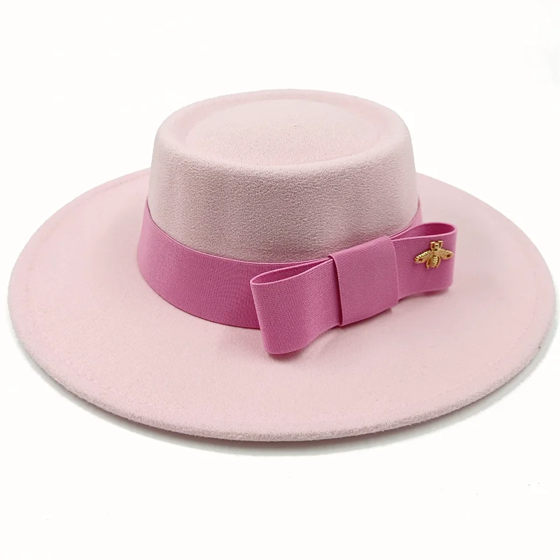 Wholesale Fedora hats Winter round concave convex surface flat top bow elastic ribbon men&#39;s and women&#39;s felt jazz hats Fedora - KIMLUD