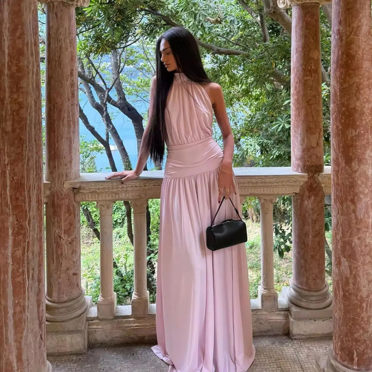 Evening Dress – Halter Neck – A-Line Silhouette – Blush Pink | KIMLUD