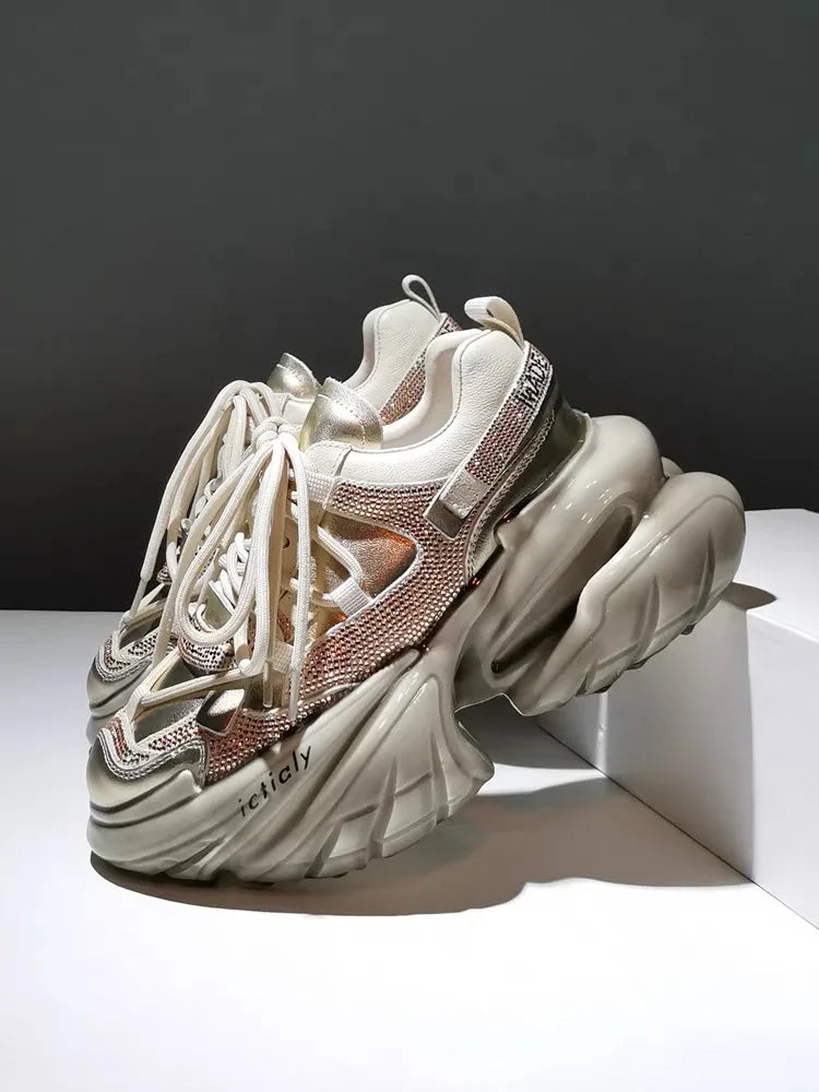 Real Leather Heels Crystal Platform — Soft Pink | KIMLUD