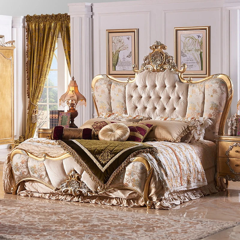 French Rococo Design Home Bedroom Gold Leaf Carving King Size Bed European Classic Luxury Golden Wooden Bedroom Furniture