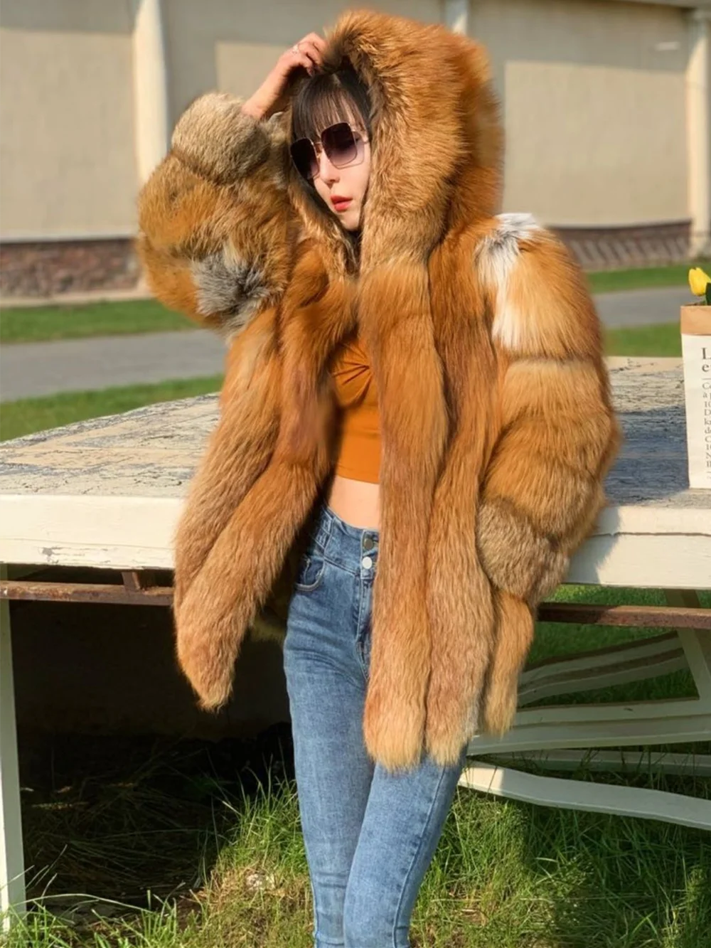 KIMLUD, Real Red Fox Fur Jacket With Hood Women Plus Size Long Sleeves Winter Luxury Female Hooded Fox Fur Coat With Collar, KIMLUD Womens Clothes