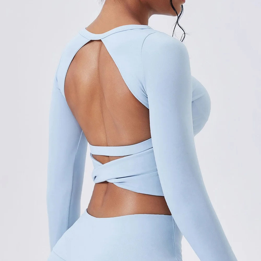 Cloud Hide Yoga Shirt Sexy Back Long Sleeve — Gray | KIMLUD