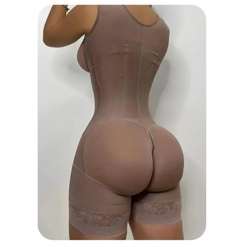 High-Compression Full Body Shaper Bodysuit With Double Tummy Control Open Crotch — Taupe | KIMLUD