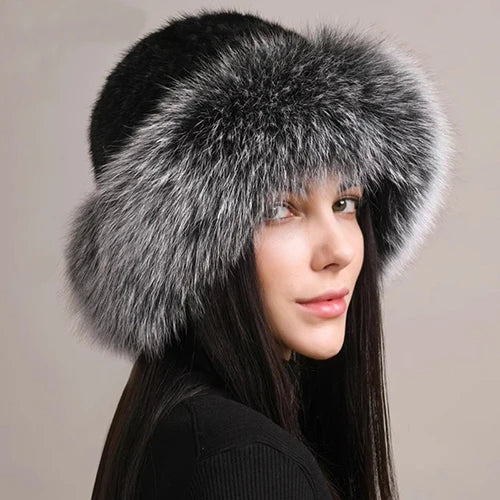 KIMLUD, New Genuine Real Natural Knitted Mink Fur Hat Cap Luxury Women Handmade Knit Fashion Winter Headwear Warm Real Fox Fur Beanies, KIMLUD Womens Clothes