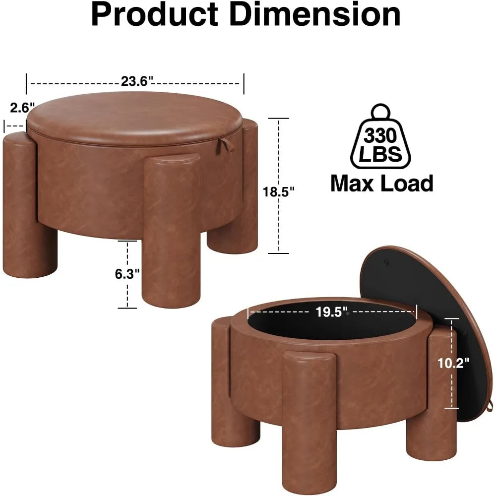 Storage Ottoman with Removable Top, 24" Round Coffee Table Ottoman & Upholstered Footrest, Faux Leather Ottoman for Small
