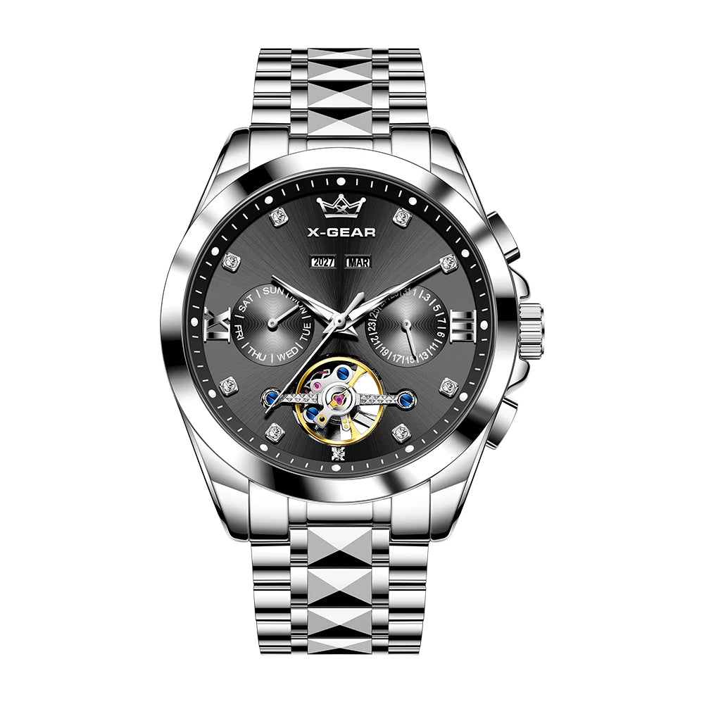 Men's Automatic Mechanical Watch with Tourbillon Waterproof Luminous Stainless Steel Strap Luxury Multi-Functional Timepiece