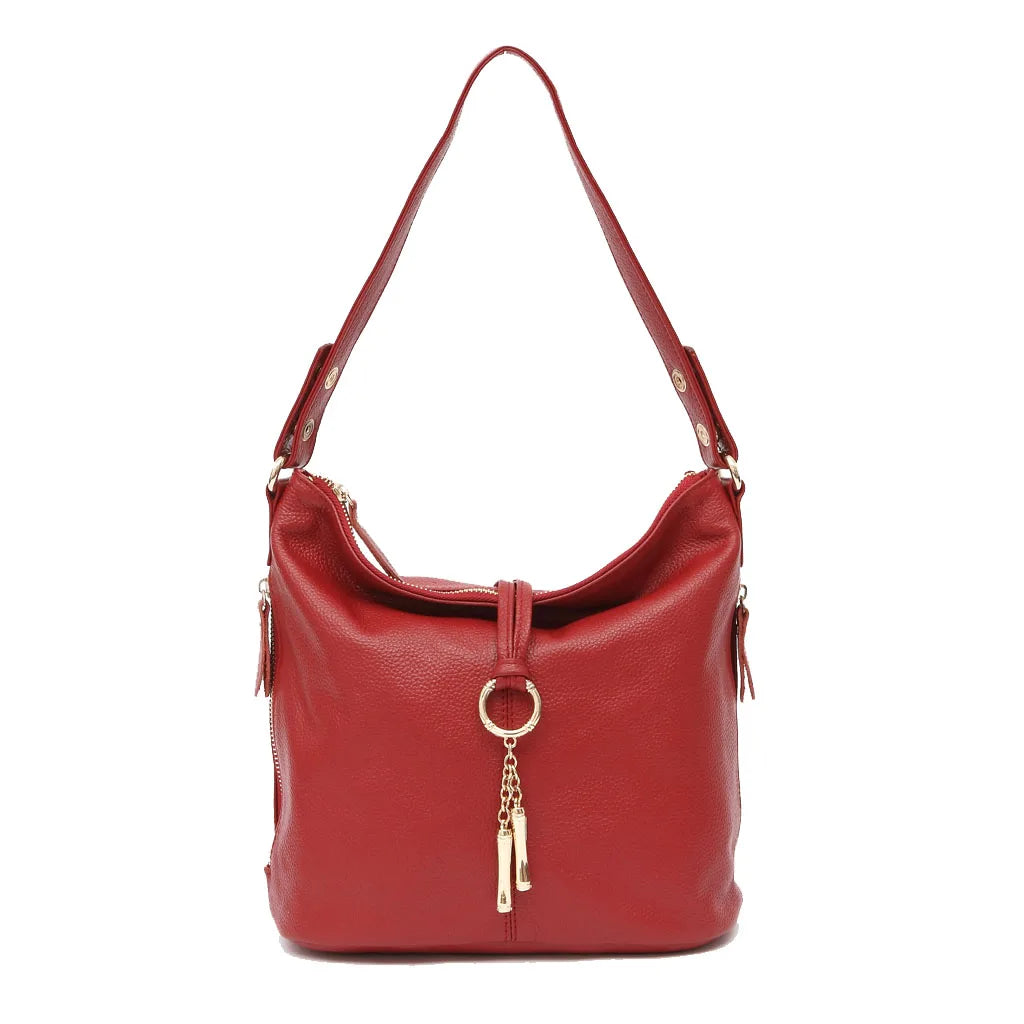 Genuine Leather Hobo Bag With Ring Accent — Red | KIMLUD