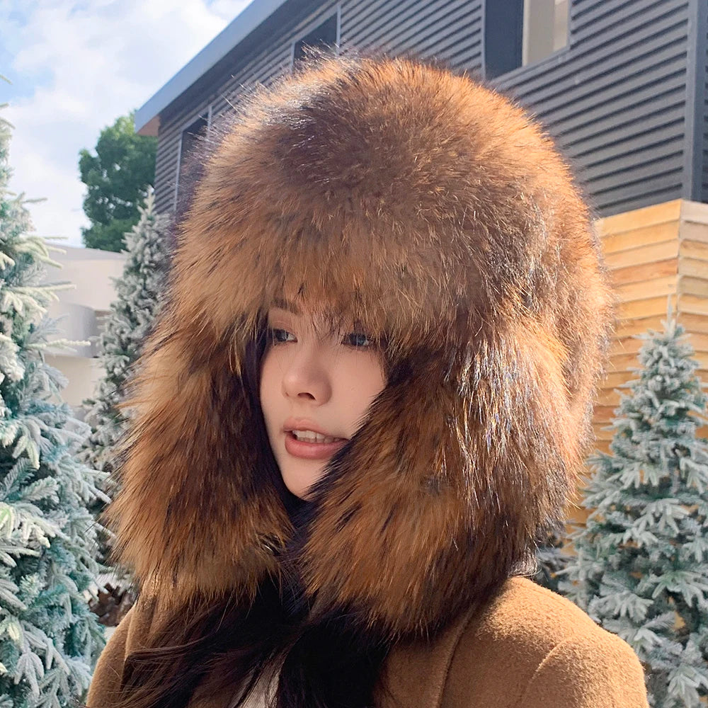 Natural Raccoon Fur Caps Russian Hat Unisex Trapper Fur Cap Aviator Trooper Winter Thickened And Warm Flaps Ski Hat Bomber Hats