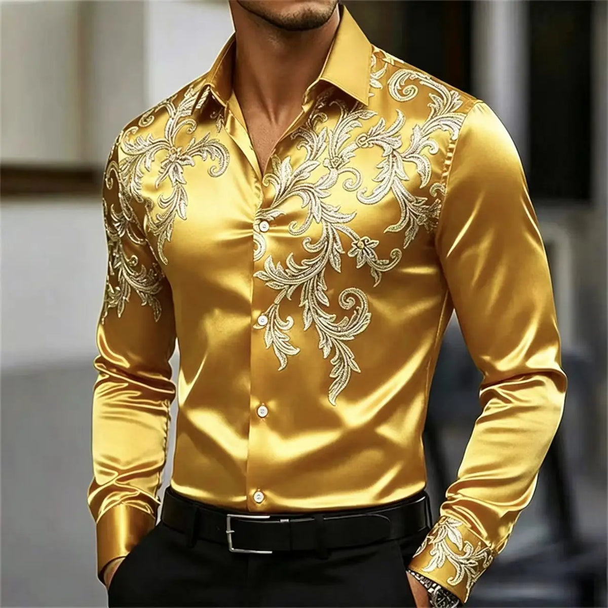 Men's Satin Paisley Print Shirt – Silk Polyester | KIMLUD
