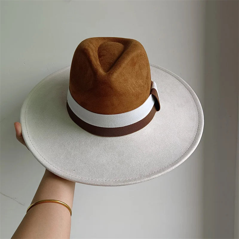 Suede Colorblock Wide-Brim Unisex Hat — Brown | KIMLUD