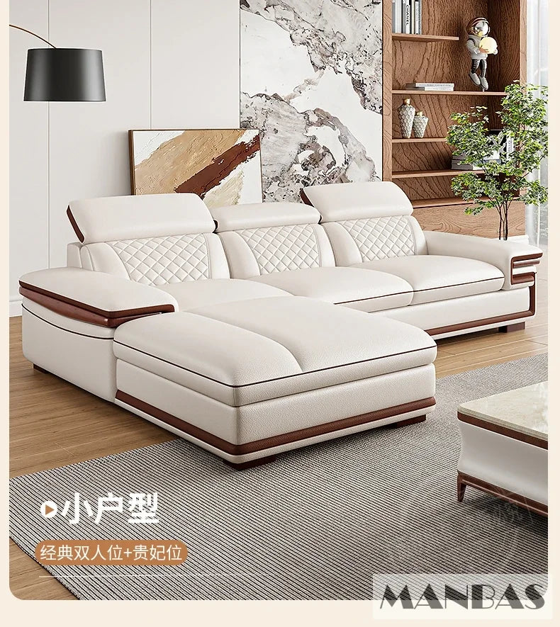Genuine Italian Leather Sofa Set With Adjustable Headrests — Ivory | KIMLUD
