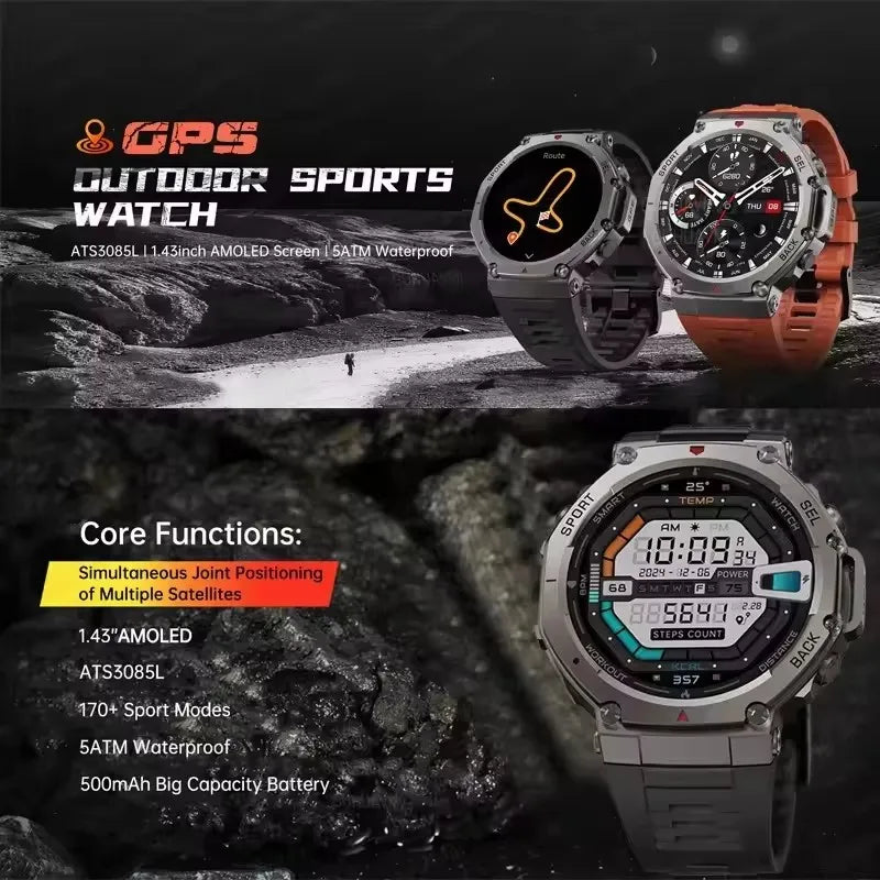 T-Rex 3 Built-in Dual-band GPS Military SmartWatch Men Compass Altimeter Barometric 10ATM&IP69K Waterproof 170+ Sport Smartwatch