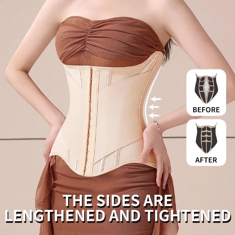 U-Shaped Steel Boned Waist Trainer Corset Buttoned Closure — Beige | KIMLUD