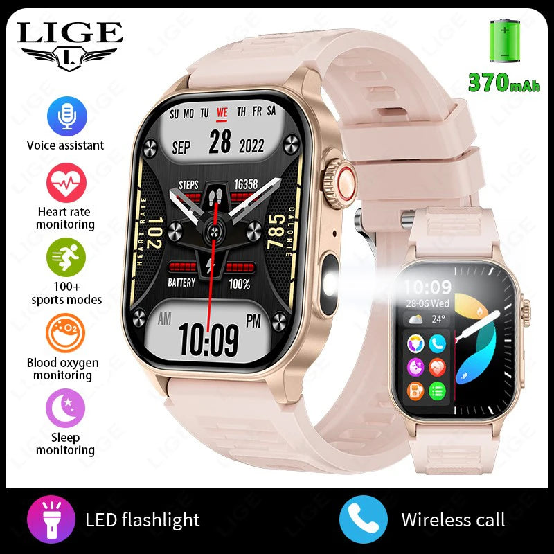 LIGE New Smart Watch LED Flashlight Military Sport Watches 2.01'' Screen Health Monitor Bluetooth Call Waterproof Smartwatch Men