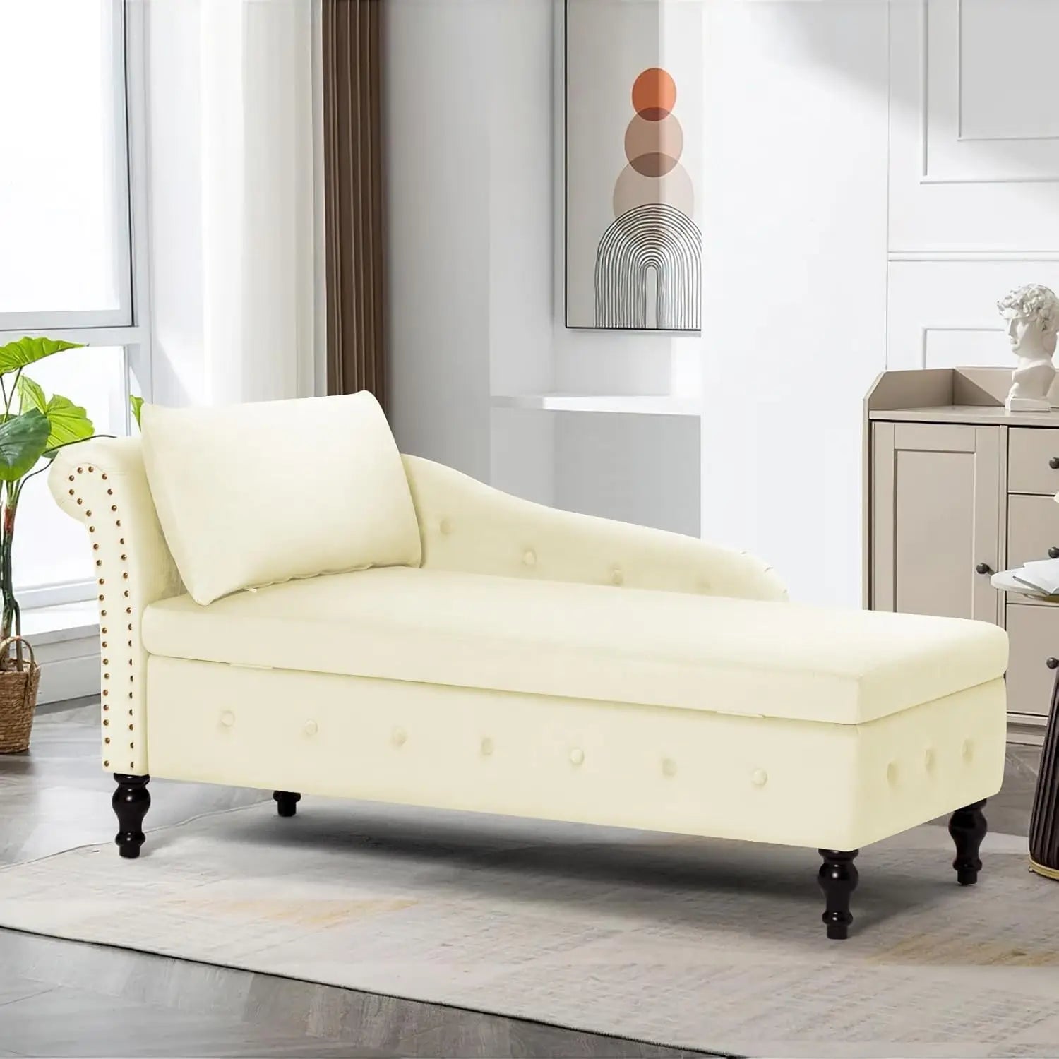 Velvet Chaise Lounge with Left Armrest & Storage Space,Button Tufted Lounge Chair w/Lumbar Pillow,Modern Upholstered Lounge Chai