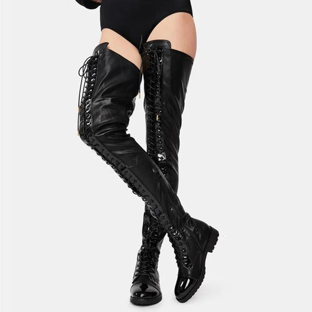 Low Heel Winter Boots Women 3.5CM Chunk Heels Nightclub Queen Lace-up Zipper Shoes Black Thigh High Boots Large Size 43 44 45