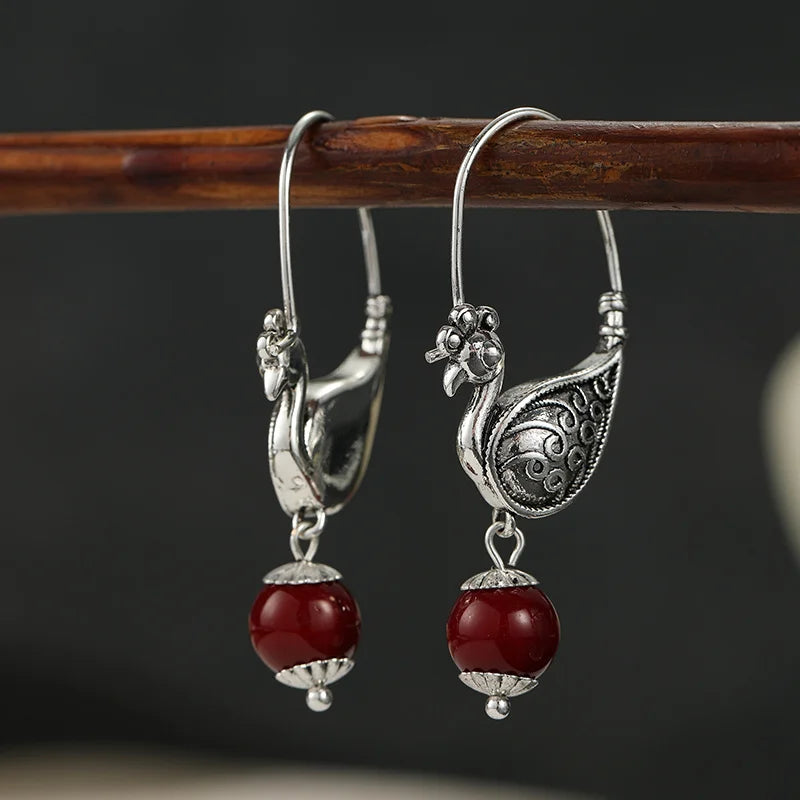 Ladies' Vintage Bird Shape Long Hook Earrings Metal Carved Pattern Design Retro Silver Plated Earrings Personalized Jewelry