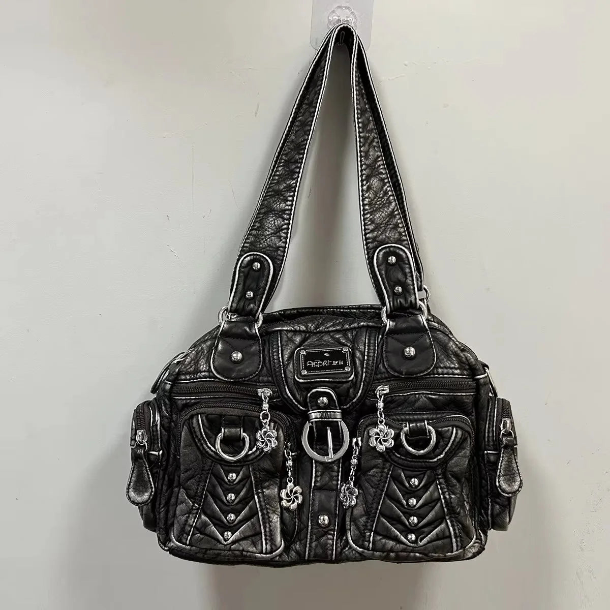 PU Satchel Top-Handle Dumpling Bag — Black | KIMLUD