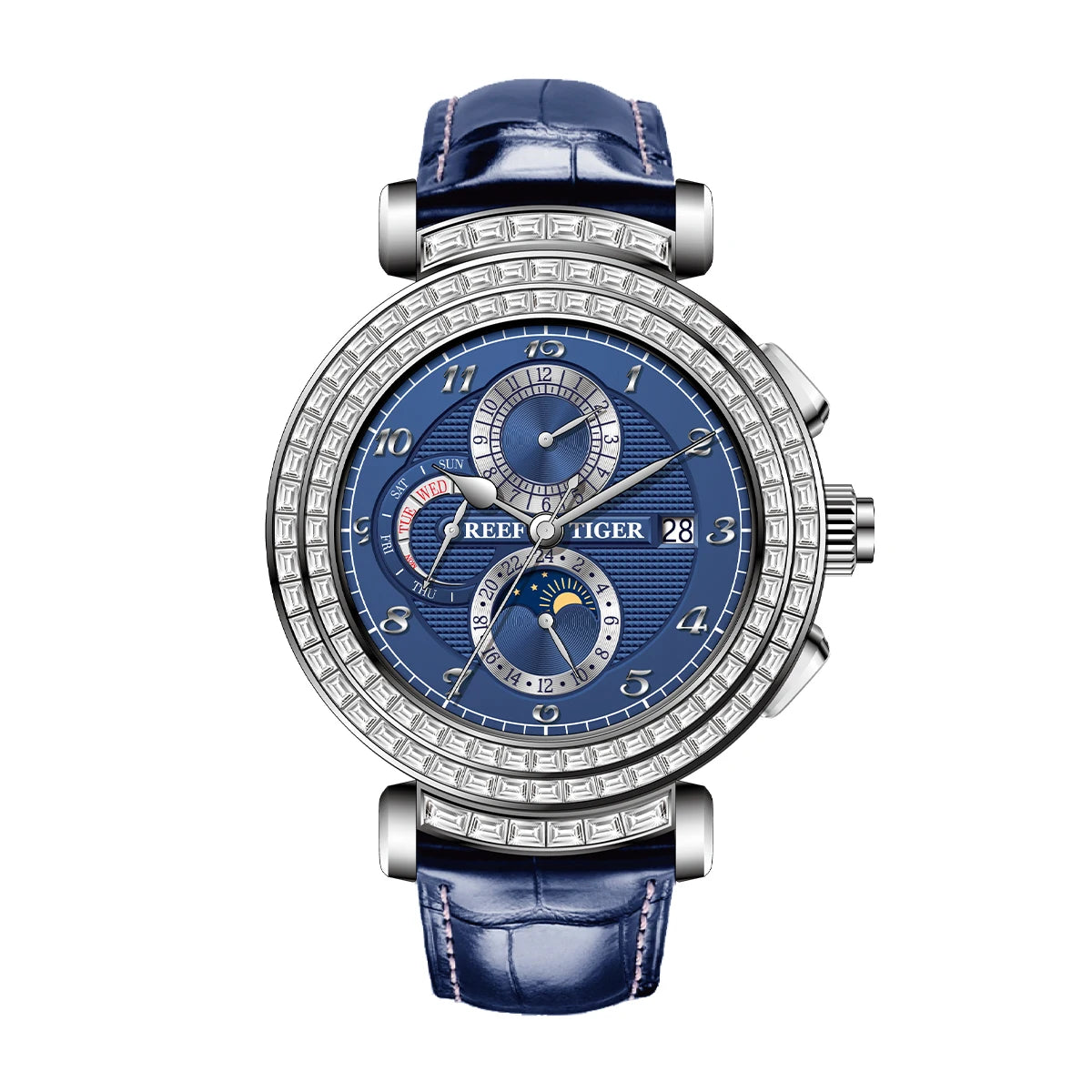 Men's Dress Watch – Moon Phase Date – Leather Strap – Green | KIMLUD