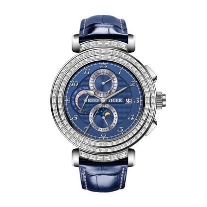 Men's Dress Watch – Moon Phase Date – Leather Strap – Green | KIMLUD
