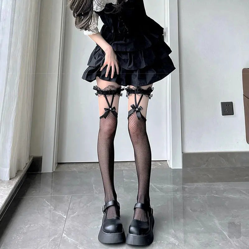 Lolita Socks Net Yarn Over-The-Knee Bow — Black | KIMLUD