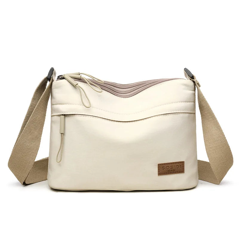 Canvas Textured Nylon Shoulder Crossbody Bag Multi Pocket — Cream | KIMLUD
