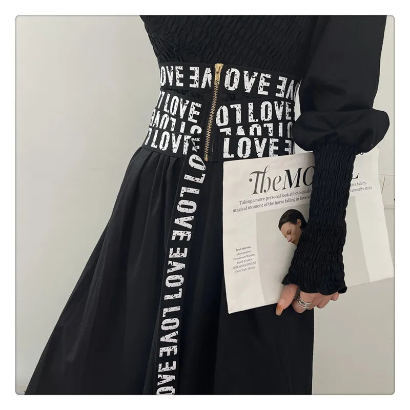 GetSpring Women Cummerbunds Letter Printed Zipper Black Wide Belt Fashion Elastic Waistband All Match Ladies Waist Band Corset