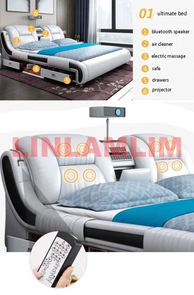 Genuine Leather Bed Frame With Built In Storage And Bluetooth — White | KIMLUD