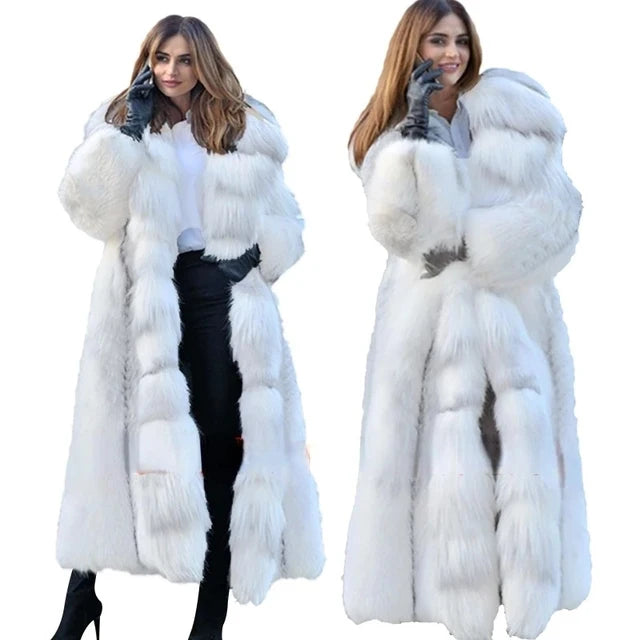 Winter Plus Size Longer Faux Fur Warm Coat Long Sleeve Coat Fox Fur Faux Fur Coat women's Long Hooded Fur all-in-one Fur Coat