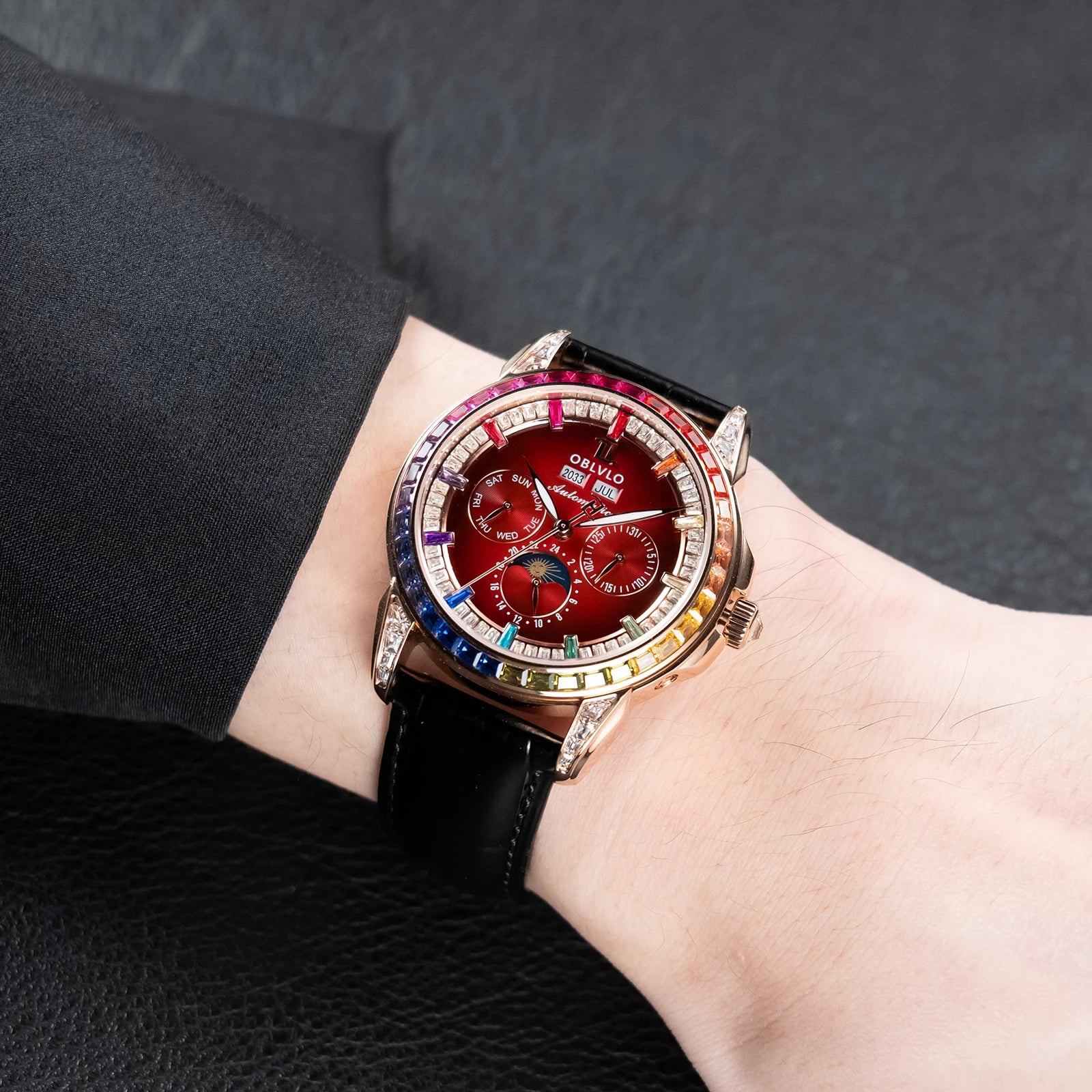 Moonphase Diamond Bezel Automatic Watch With White Dial Leather Strap — Rose Gold | KIMLUD