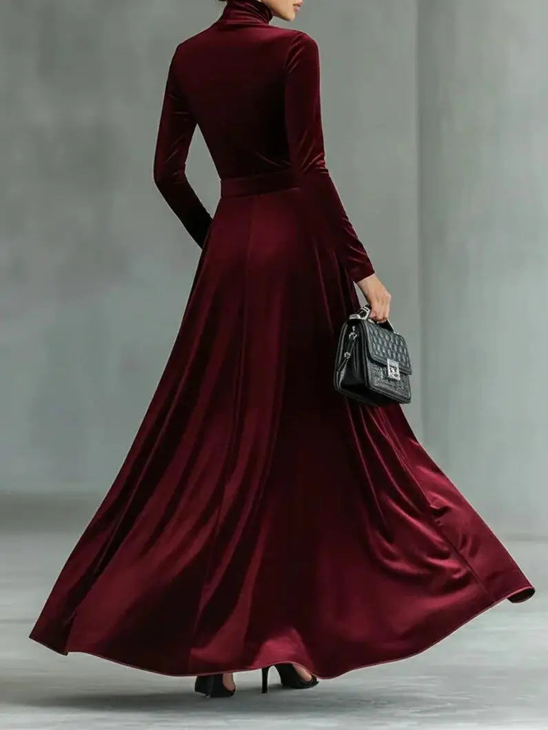 Velvet High Collar Evening Gown Mid-Waist Draped Skirt — Black | KIMLUD