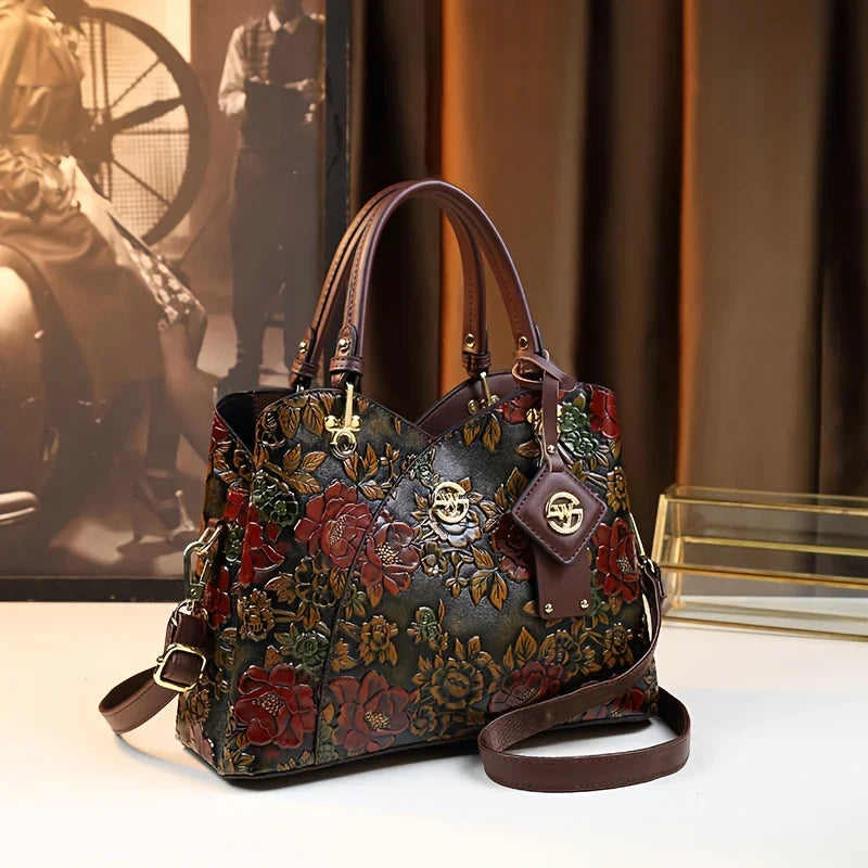 PU Leather Tote Bag Crossbody Floral Pattern — Black | KIMLUD