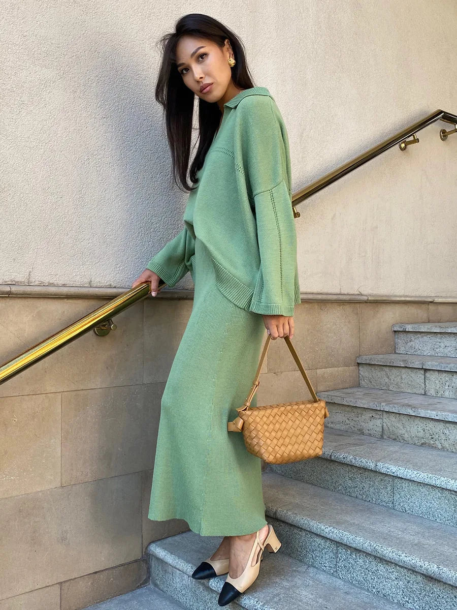 DEAT Fashion Women's 2 Pcs Set V-neck Loose Fit Long Sleeves Sweater High Waist Ankle-length Skirt Suit Autumn 2024 New 7AB4889 - KIMLUD