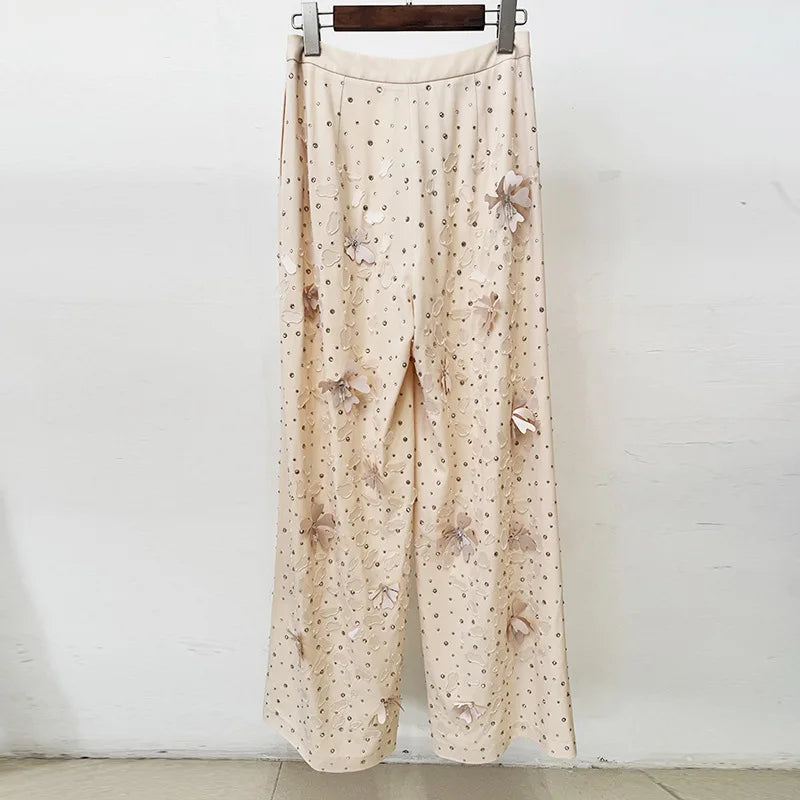 Beaded Flower Two-Piece Suit Set – Laminated Fabric – Slim | KIMLUD
