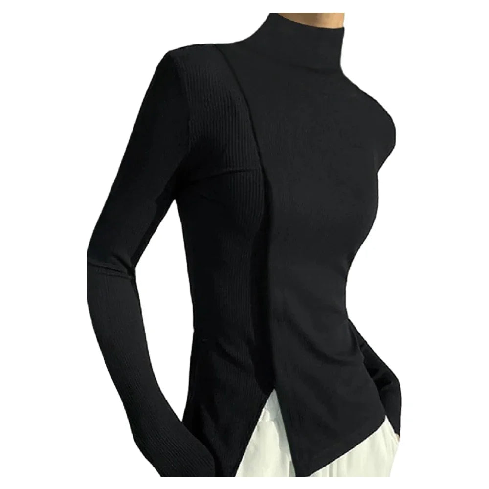 Long Sleeve T-Shirt – High Neck Slim Fit – Blended Fabric – Black | KIMLUD