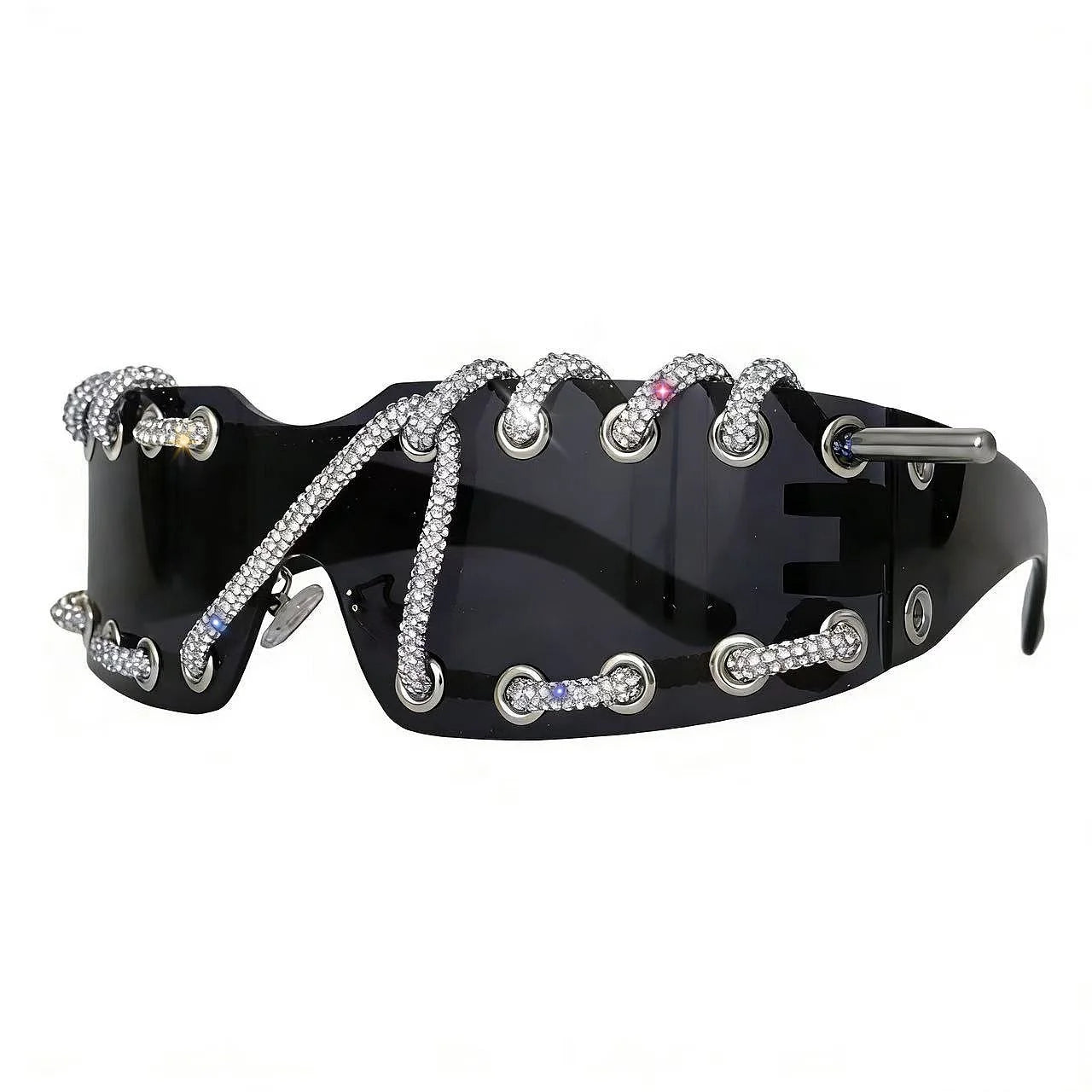 Frameless Crystal Chain Y2K Punk Sunglasses — Black | KIMLUD