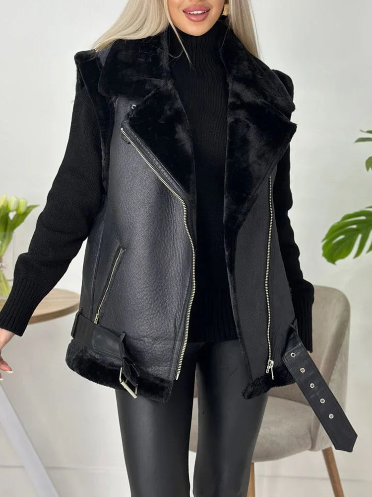 Streetwear Women Loose Thick Warm Sleeveless Faux Soft Fur Leather Vest Autumn Winter Female Zipper Belt Waistcoat Tops