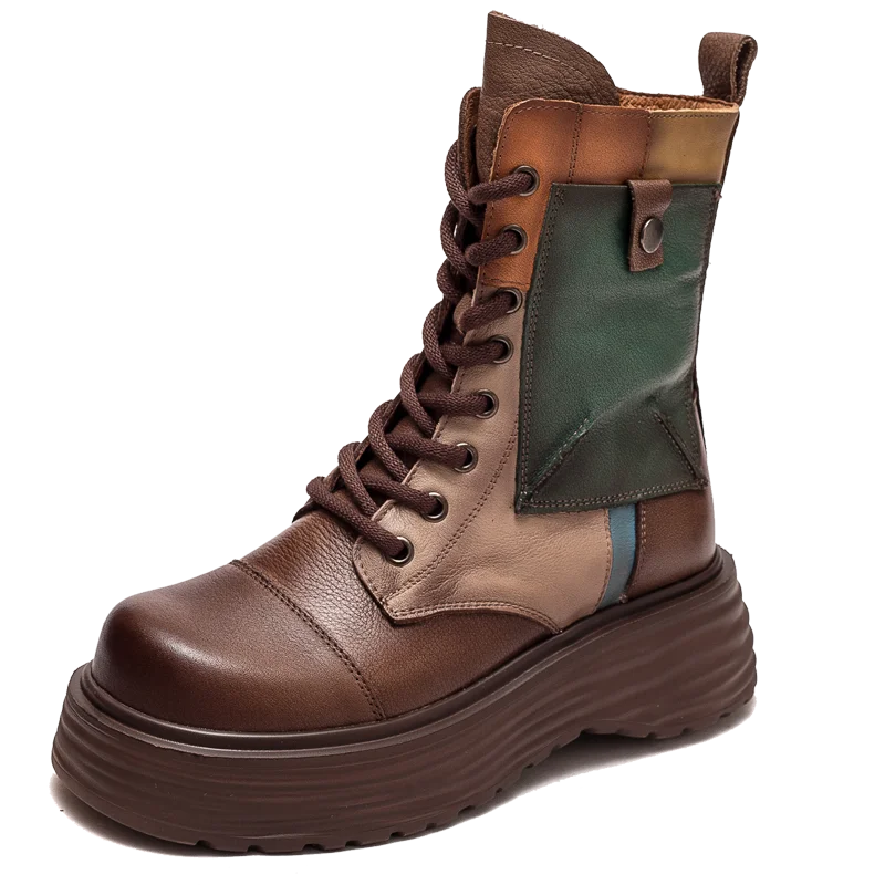 GKTINOO Handmade Boots Women Genuine Leather Round Toe Lace-up Zipper Platform Thick-soled Mid-calf Boots Retro Zapatos Mujer