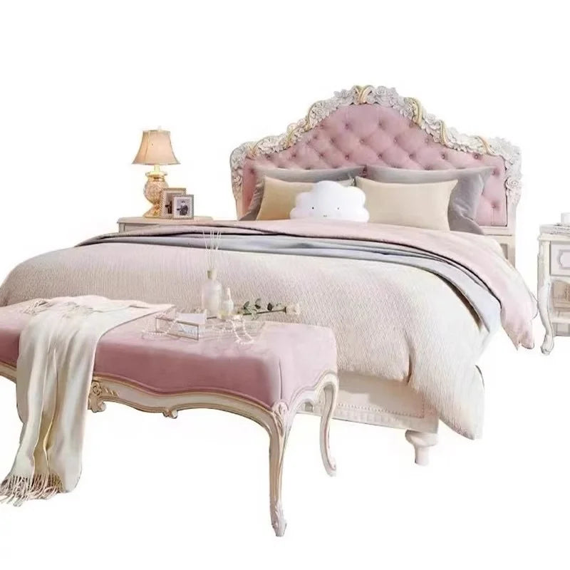 Solid Wood Bed European Court Carved — Ivory | KIMLUD