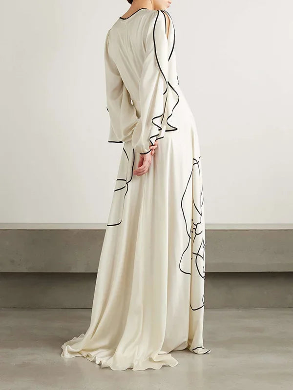 2026 New Women's Printed Maxi Dress Round Neck Ruffle Sleeves High Waist Pleated Party Dress Female Stylish A-line Dresses