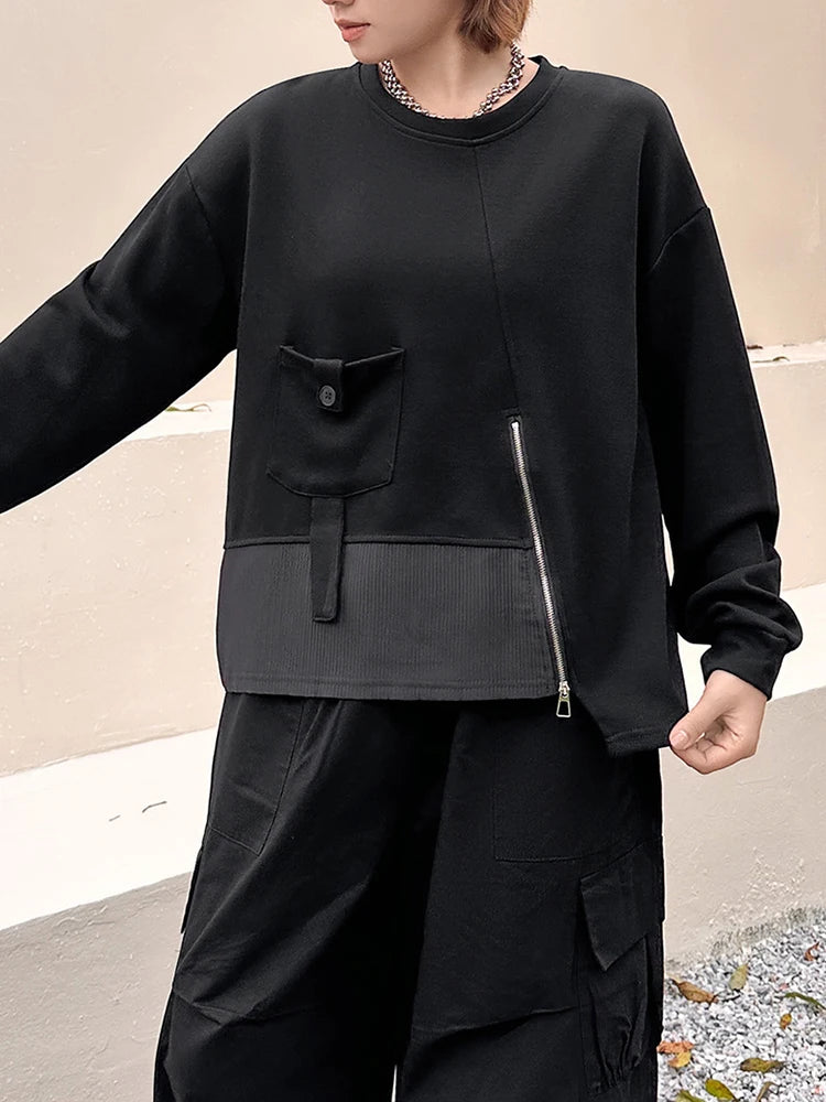 Sweatshirt - Pocket Zipper - Jersey - Black | KIMLUD