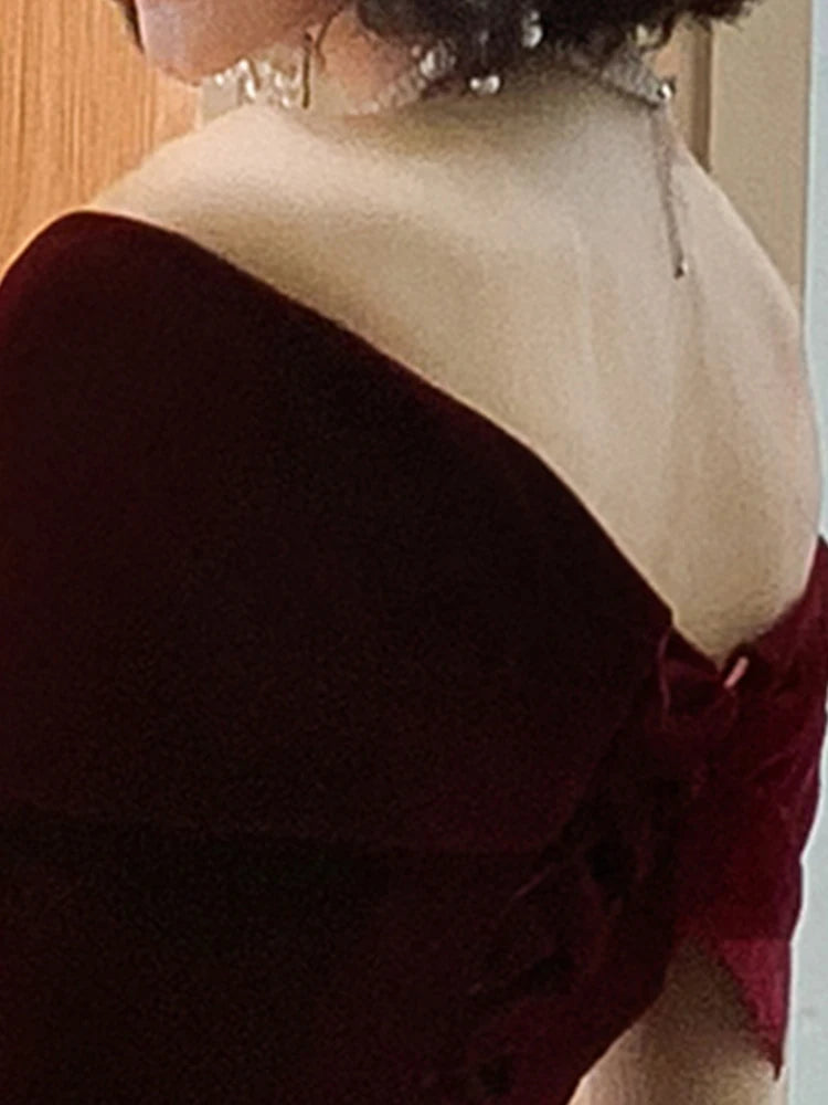 Velvet Maxi Dress – Off Shoulder – Maxi – Wine Red | KIMLUD