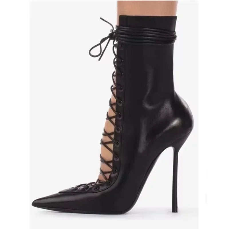 Lace-Up Leather Solid Knee-High Boot — Black | KIMLUD