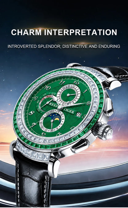 Men's Dress Watch – Moon Phase Date – Leather Strap – Green | KIMLUD