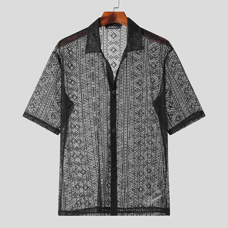 2023 Fashion Men Shirt Mesh Lace Transparent Streetwear Lapel Short Sleeve Button Camisas Party Sexy Men Clothing S-5XL INCERUN