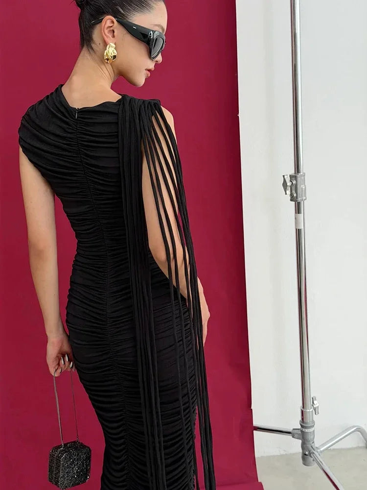 Bodycon Dress – O-Neck Tassel Patchwork – Polyester – Black | KIMLUD