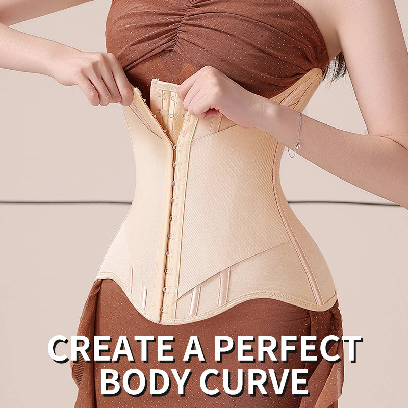 U-Shaped Steel Boned Waist Trainer Corset Buttoned Closure — Beige | KIMLUD