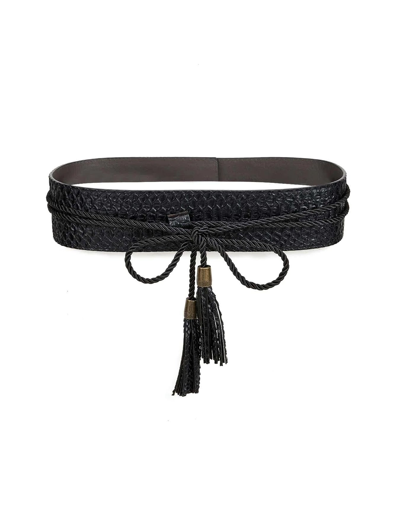 Tassel Decor Wide Belt Polyester PU — Gold | KIMLUD