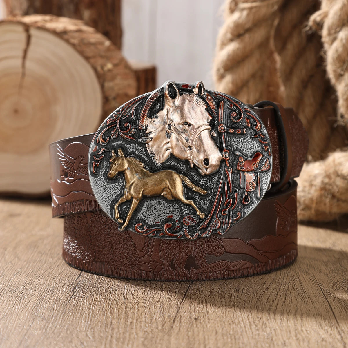 Retro Western PU Embossed Buckle Belt — Brown | KIMLUD
