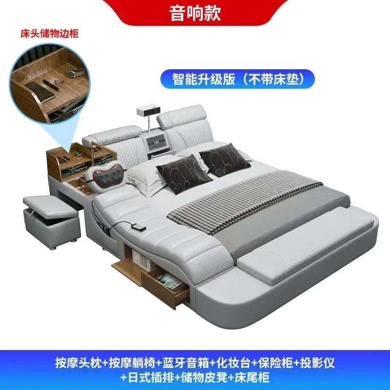 Leather Tatami Multifunction Bed With Projector — Ivory | KIMLUD